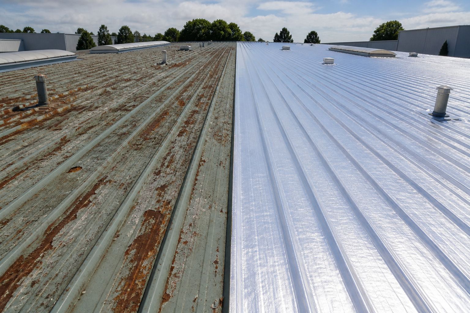 A corroded, rusting metal roof beside the same roof refinished in a clean silver membrane