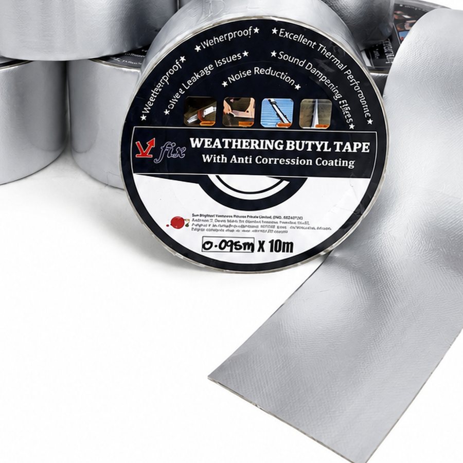 A roll of ACC butyl sealing tape with a length unrolled to show the smooth silver foil surface